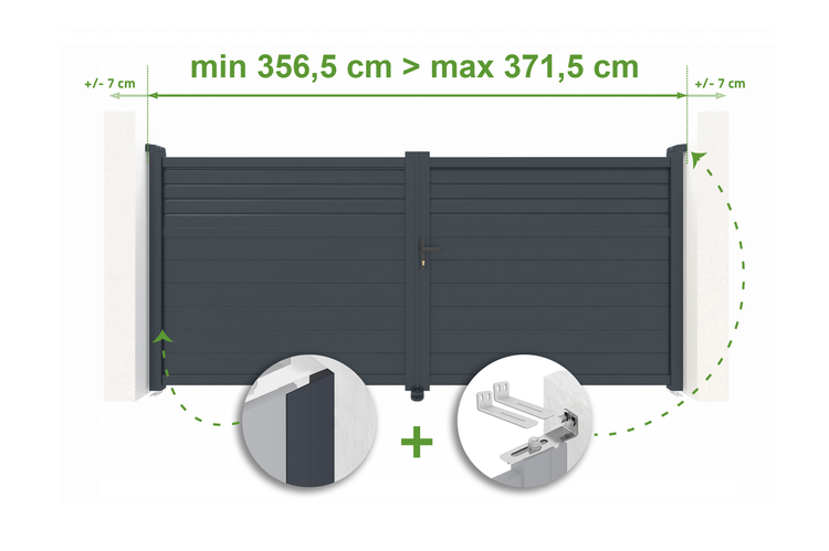Installationshinweis für Gartentor mit Breitenangaben