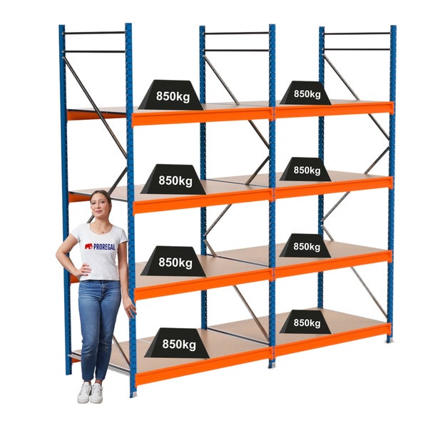 Lagerregal mit mehreren Ebenen und einer Traglast von 850 Kilogramm pro Ebene