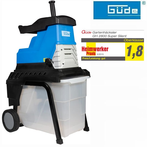 Güde Gartenhäcksler GH 2800 Super Silent mit Rädern und Fangkorb. Güde Logo. Testurteil Eins Komma Acht Oberklasse von Heimwerker Praxis.