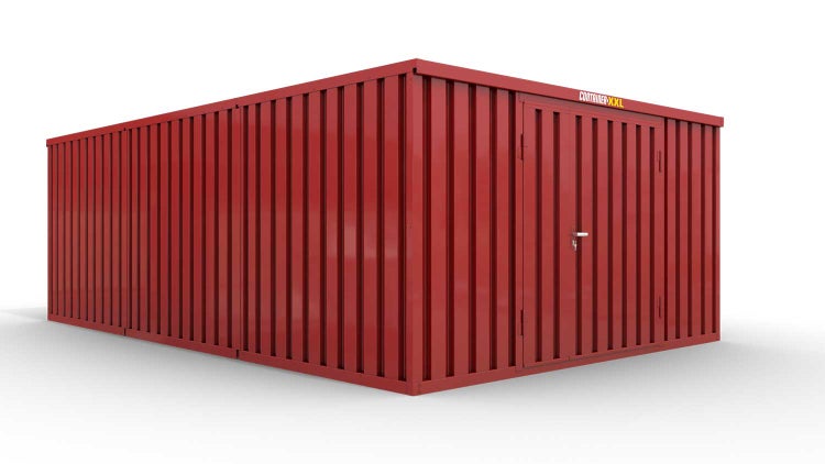 Lagercontainer L3  – 25 qm, H2150 x B4050 x T6520 mm, Außenwandlackierung RAL 3000 feuerrot, Dach außen verzinkt, mit Holzfußboden, 1830 mm Doppelflügeltür mittig in Stirnseite, montiert