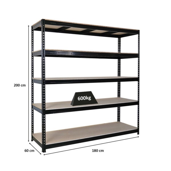 PROREGAL Profi Schwerlastregal Bison HxBxT 200 x 180 x 60 cm 5 Spanplatten-Ebenen 16mm Fachlast 600 kg Schwarz
