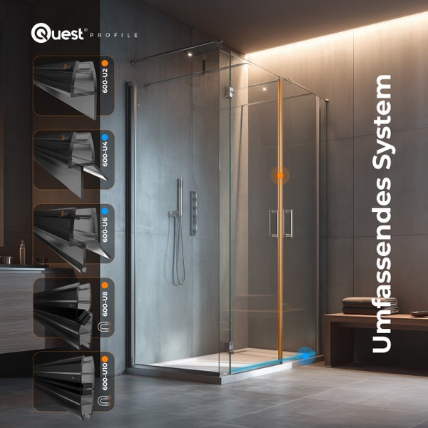 Quest Profile Logo. Modernes Duschsystem aus Glas mit magnetischen Dichtungsprofilen 600-U2 bis 600-U10 in hellem Badezimmer mit grauen Fliesen.