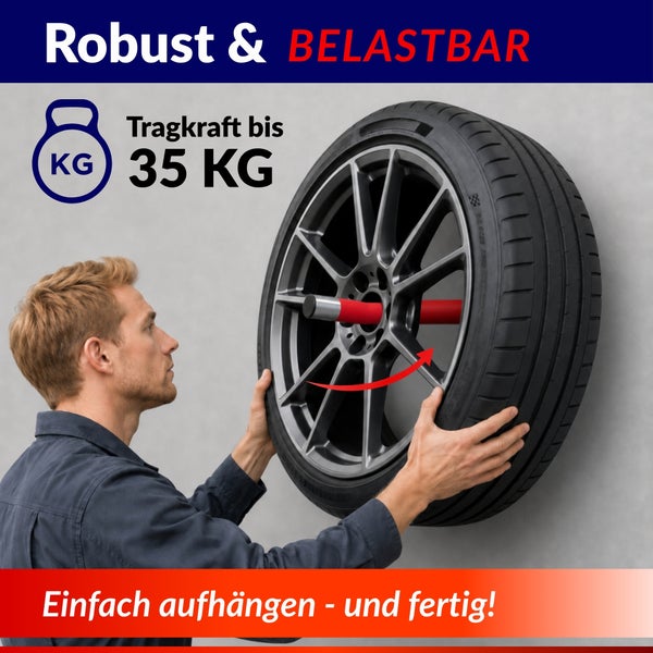 Mann hängt einen Reifen an einen Wandhalter mit einer maximalen Tragkraft von 35 Kilogramm.
