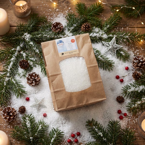 Beutel mit künstlichem Dekoschnee für weihnachtliche Dekorationen, umgeben von Tannenzweigen, Kiefernzapfen und Sternen auf einem Holztisch.