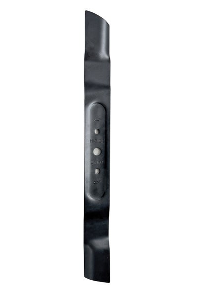 Schwarzes Ersatzmesser aus Metall für Rasenmäher mit zentralen Montagebohrungen.