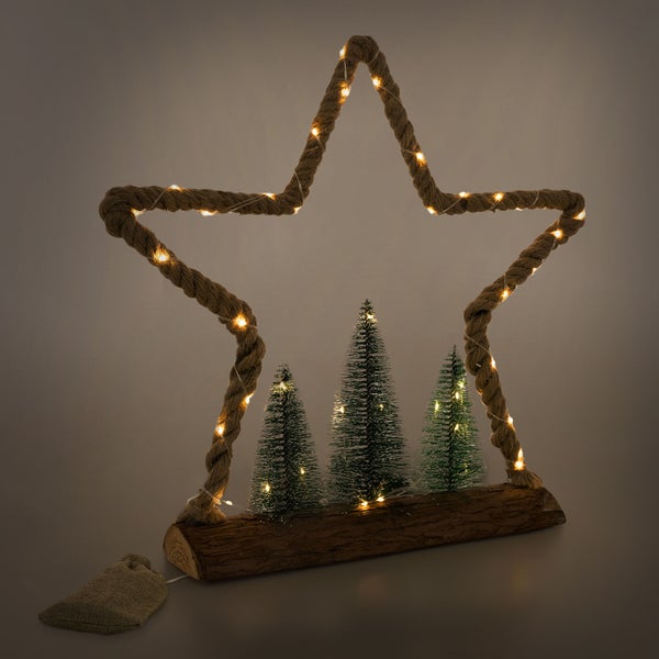 ECD Germany LED Jute Stern mit LED-Beleuchtung 45x9,5x45 cm, Deko Weihnachtsstern aus Seil mit 45 warmweißen LEDs, 3 Tannen, Jutesäckchen, Batterien, Timer, Weihnachtsbeleuchtung Weihnachtsdeko Innen