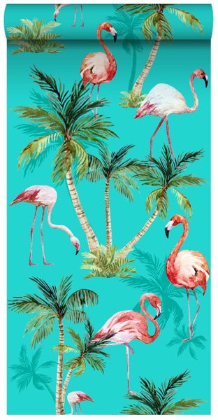 ESTAhome XXL-Vliestapete Flamingos Türkis, Grün und Rosa - 50 x 900 cm - 158609