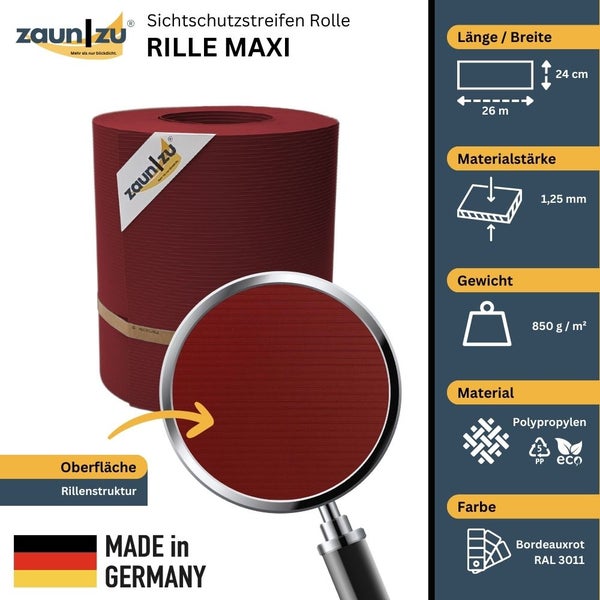Zaun zu Sichtschutzstreifen Rolle Rille Maxi mit Produktinformationen zu Länge, Breite, Materialstärke, Gewicht, Material und Farbe
