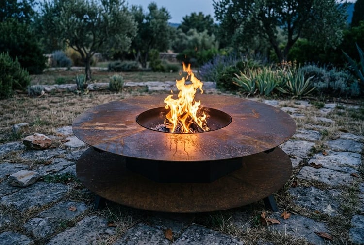 Feuerschale aus Metall mit runder Grillplatte in einem Garten auf Steinboden mit brennendem Holzfeuer