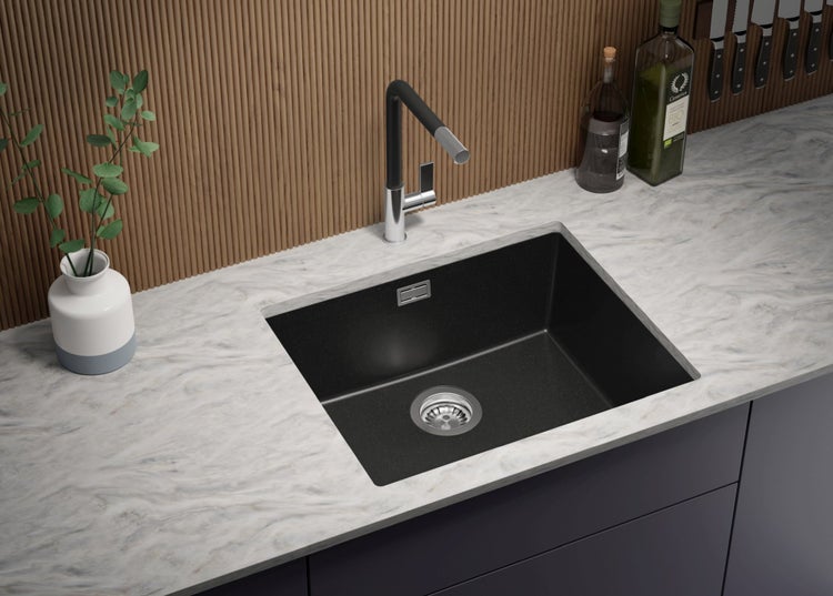 PRIMAGRAN Unterbauspüle Granit Alles Schwarz 56x47cm, Spülbecken 1 Becken + Ablauf-Set, Granitspüle ab 60er Unterschrank - London