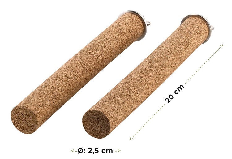 Zwei Sitzstangen aus Kork für Vögel, Länge 20 Zentimeter, Durchmesser 2,5 Zentimeter, mit Metallbefestigung.