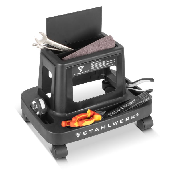 Werkzeugwagen mit Werkzeugen und Stahlwerk Logo