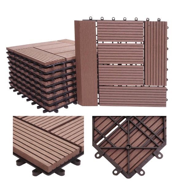 Terrassenfliesen aus Holz-Kunststoff-Verbundwerkstoff mit Klicksystem und geriffelter Oberfläche.