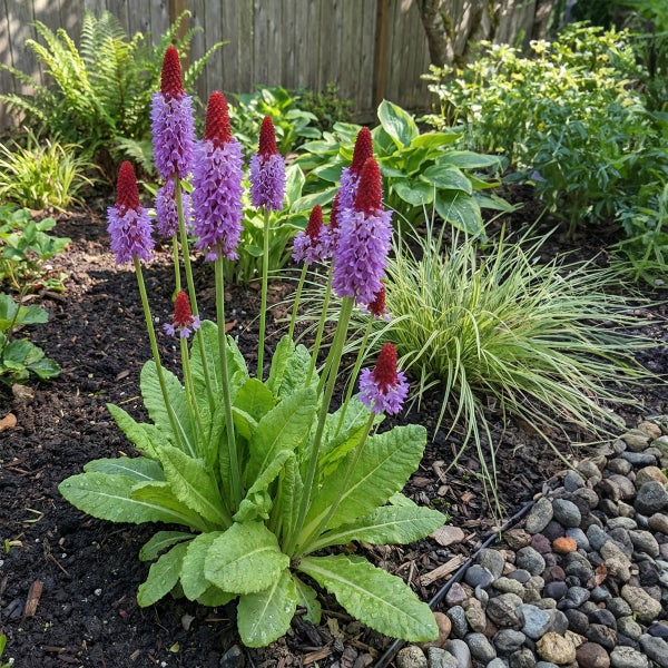 Orchideen-Primel Primula vialii mit rot-violetten Blütenähren und grünen Blättern in einem Gartenbeet mit Mulch und Kieselsteinen.