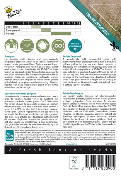 Prärie-Tropfengras Samenpackung mit Informationen zu Anbau und Eigenschaften