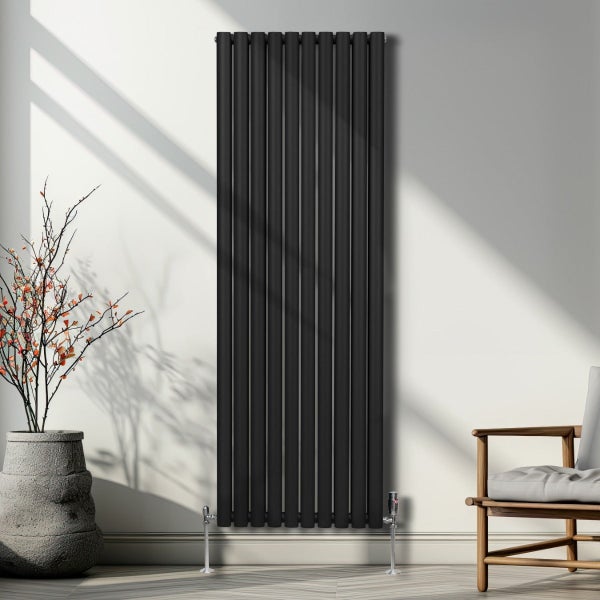 Oval Röhrenheizkörper & Chrom Thermostatventile – 1800mm x 600mm - Schwarz