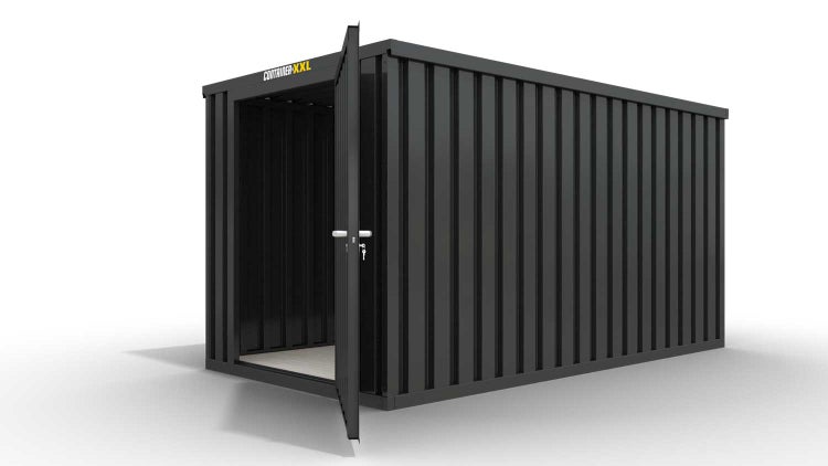 Lagercontainer Gerätehaus M  – 6 qm, H2150 x B3050 x T2170 mm, Außenwandlackierung anthrazit, Dach außen verzinkt, mit Holzfußboden, 1270 mm Einflügeltür mittig in Stirnseite, montiert