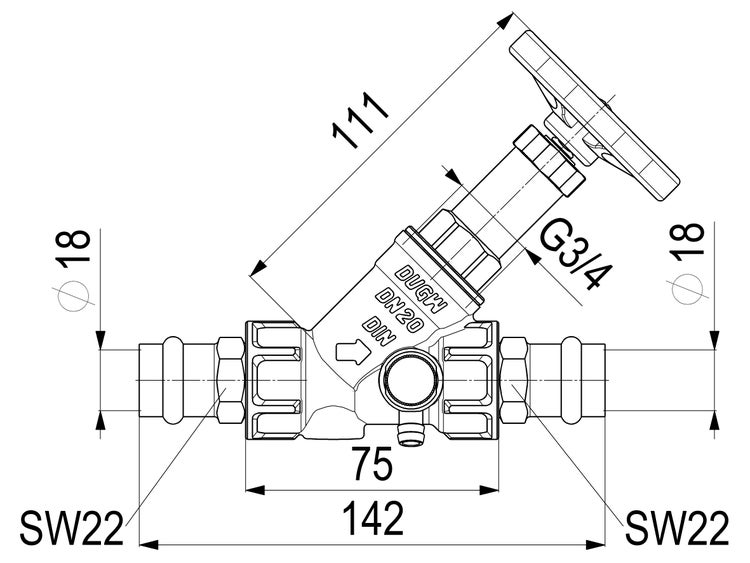 Maßzeichnung Schrägsitzventil mit Pressanschlüssen, Länge 142 Millimeter, Höhe 111 Millimeter, Anschluss G 3/4 Zoll, Schlüsselweite 22.