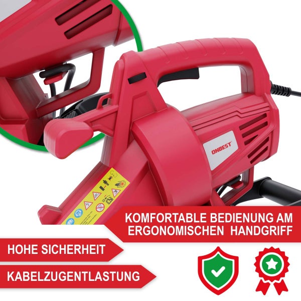 Laubbläser Detailansicht mit ergonomischem Handgriff, Kabelzugentlastung und Sicherheitsstickern. Onbest Logo. Geprüfte Sicherheit und Qualität.