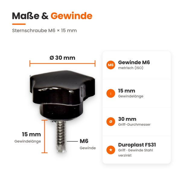 Technische Zeichnung einer Sternschraube M6 mal 15 Millimeter aus Duroplast mit verzinktem Stahlgewinde und den Maßangaben.