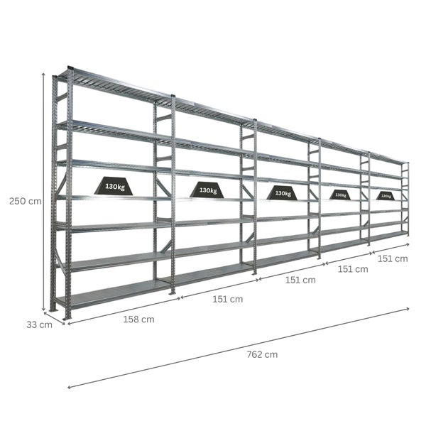 Langes Metallregal mit mehreren Ebenen und den Maßen 250 cm Höhe, 762 cm Länge und 33 cm Tiefe, maximale Traglast 130 kg pro Ebene.