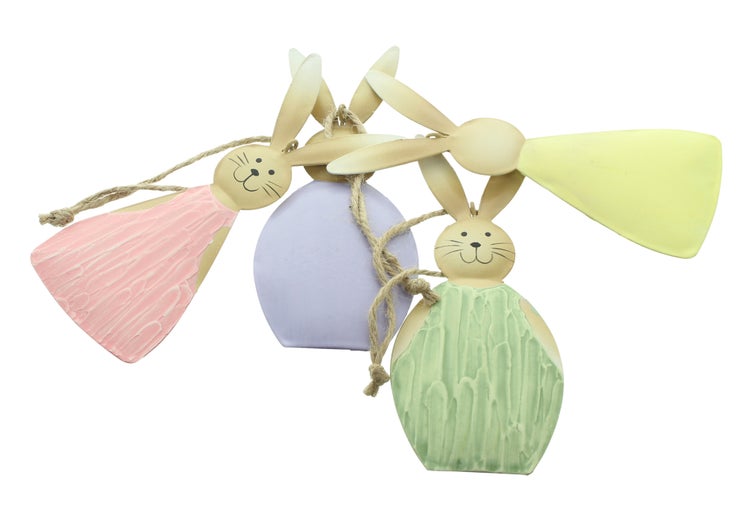 FRANK FLECHTWAREN|Hasenhänger Buntes Osterfest, 4er Set, 5,5 x 13 cm , METALL, JUTE