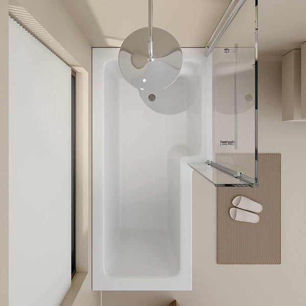 Draufsicht auf eine Duschbadewanne mit Glasduschwand und Regenduschkopf in einem modernen Badezimmer.