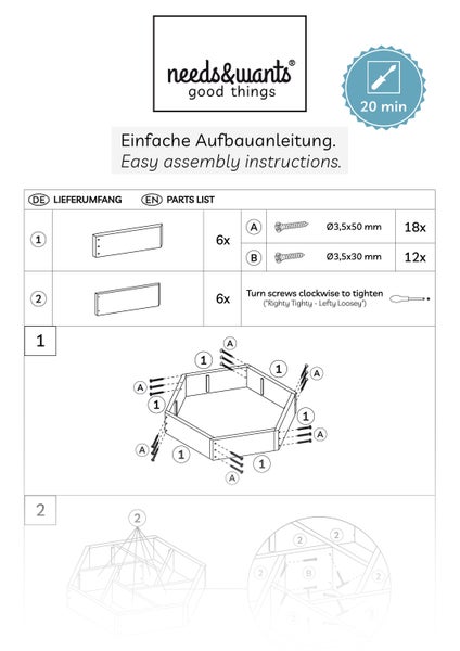 needs&wants Logo und Aufbauanleitung für ein hexagonales Holzprodukt mit Teileliste und Montageschritten. Dauer circa 20 Minuten.