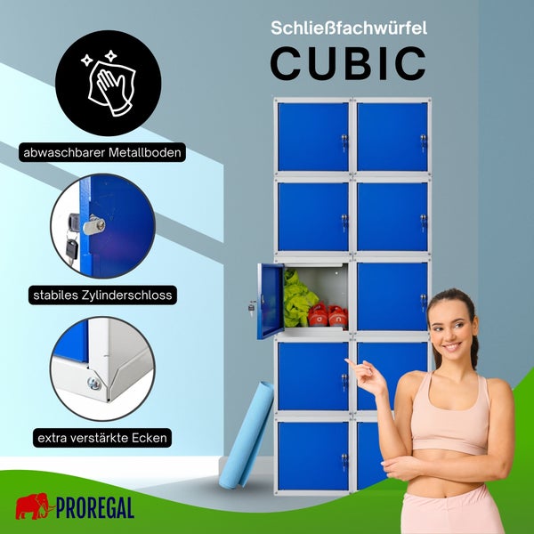 Frau vor Proregal Schließfachwürfel Cubic aus Metall mit 10 Fächern, Zylinderschloss, verstärkten Ecken, abwaschbarem Boden und Proregal Logo.