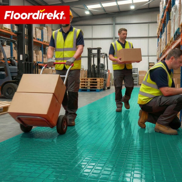 Bodenfliesen im Lager mit Mitarbeitern und Gabelstaplern