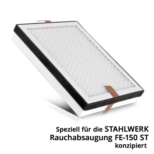 Ersatzfilter für STAHLWERK Rauchabsaugung FE-150 ST mit weißem Rahmen und schwarzer Schaumstoffdichtung.