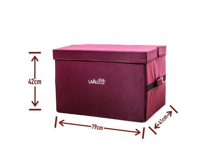 Stoff Aufbewahrungsbox mit Deckel, Maße 79 mal 41 mal 42 Zentimeter, inklusive Laalu Logo.