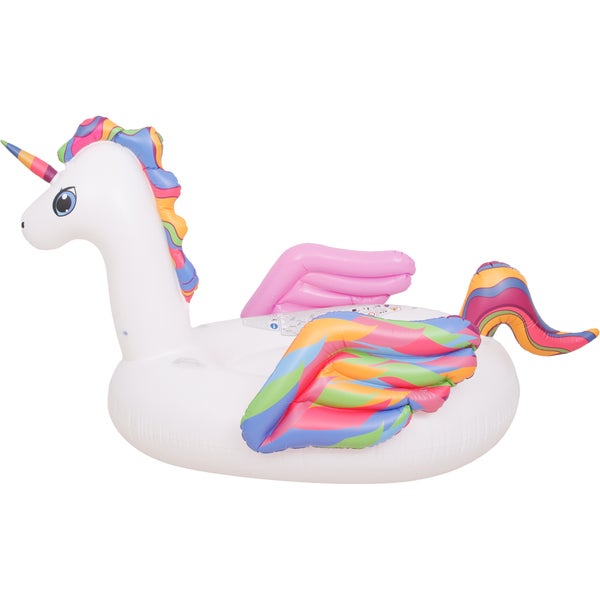 Aufblasbare Badeinsel in Einhorn-Form mit bunten Flügeln und Mähne für den Pool.