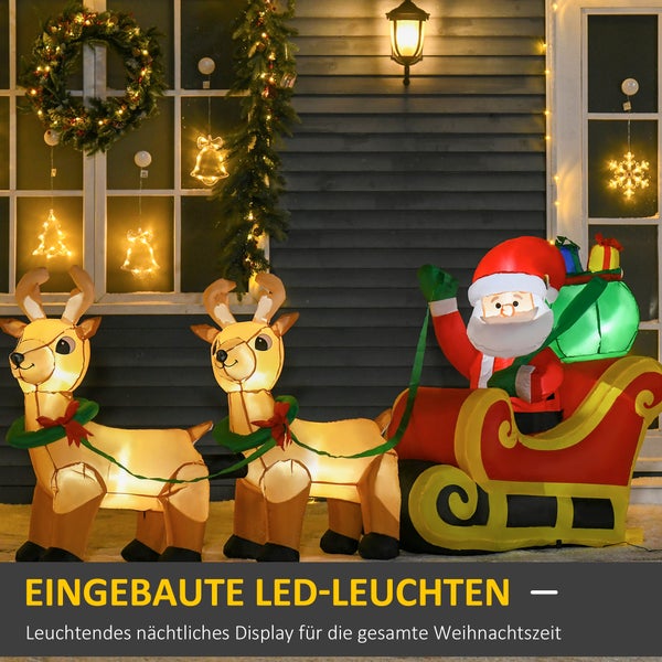 HOMCOM Aufblasbarer Weihnachtsmann mit Rentieren, 6 LEDs, 240 cm Wetterfest Weihnachtsdeko Selbstaufblasend Weihnachtsdekoration für Innen- und Außenbereich