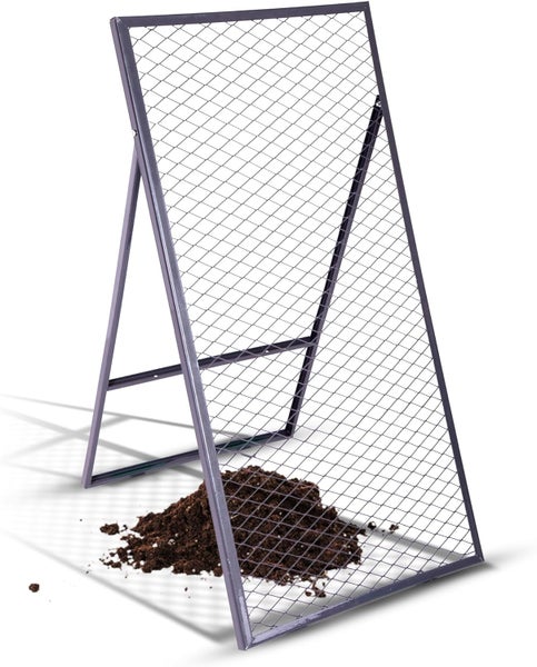 Durchwurfsieb aus Metall für Erde und Kompost, mit Standfuß.