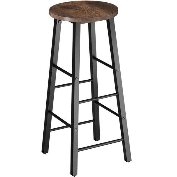 Barhocker mit runder Sitzfläche aus dunklem Holz und einem schwarzen Metallgestell mit vier Beinen und Fußrasten.