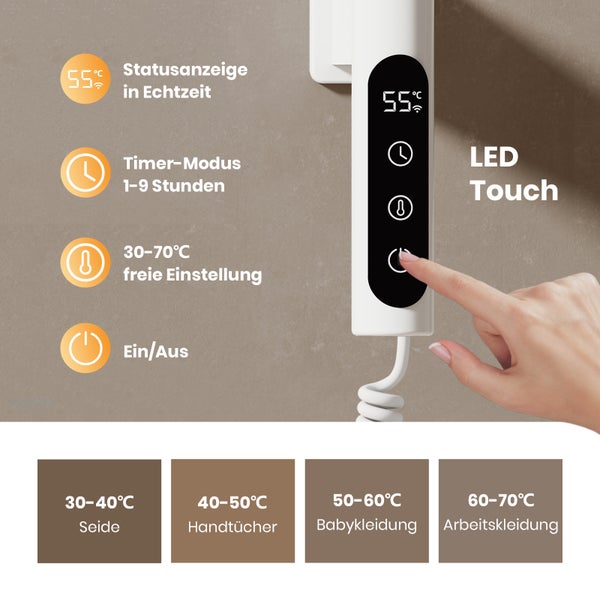 Nahaufnahme eines Handtuchwärmers mit LED Touch Funktion, Statusanzeige, Timer-Modus, Temperatureinstellung und Ein/Aus Schalter