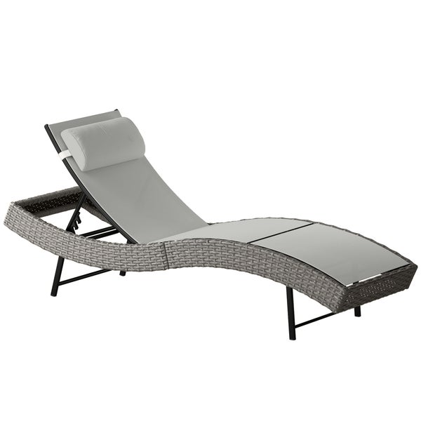 Sonnenliege mit Polyrattan-Geflecht, verstellbarer Rückenlehne, Nackenkissen und schwarzem Metallgestell.