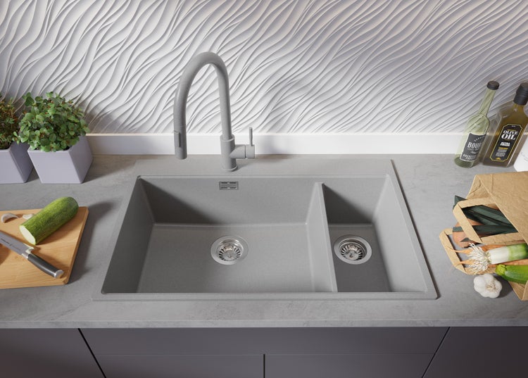 PRIMAGRAN Spülbecken Grau 78x50cm, Granitspüle 2 Becken + Ablauf-Set + Schneidebrett, Küchenspüle ab 80er Unterschrank - Oslo Duo