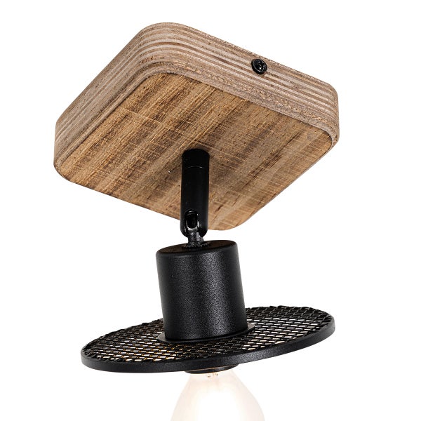 Deckenleuchte aus Holz und Metall mit Lampenschirmgitter