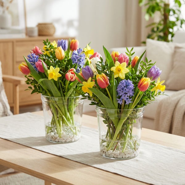 Zwei Frühlingssträuße mit Tulpen, Narzissen und Hyazinthen in gläsernen Vasen auf einem Holztisch, dekoriert mit weißen Steinen.