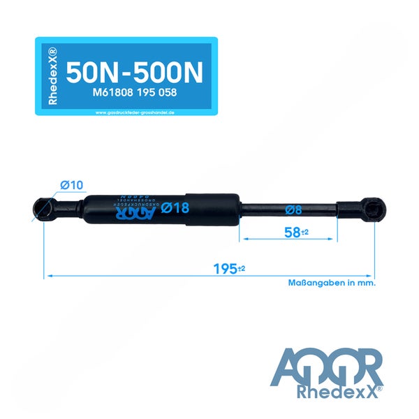 Schwarze Rhedexx Gasdruckfeder mit Maßen 195 Millimeter Gesamtlänge, 58 Millimeter Hub und Kraftbereich 50 bis 500 Newton.