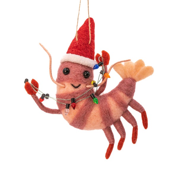 Dekorative Weihnachtsgarnelenfigur mit Weihnachtsmütze und Lichterkette zum Aufhängen