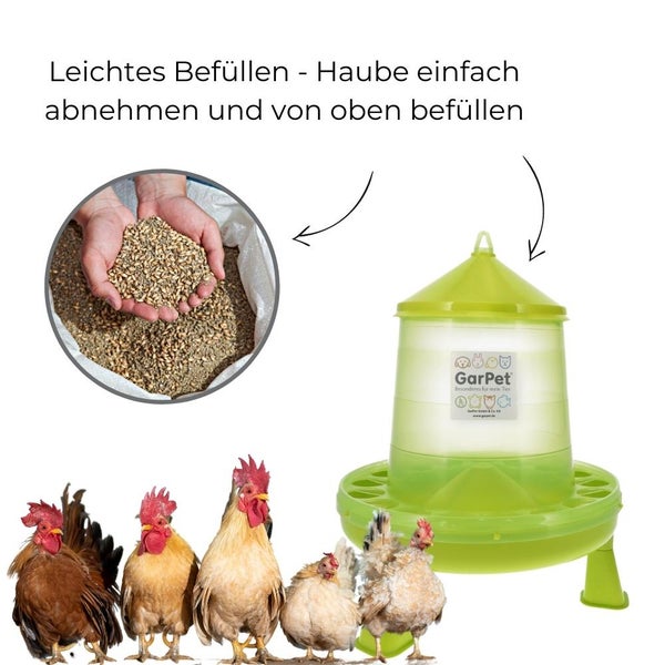 Geflügelfutterautomat mit Futter und Hühnern