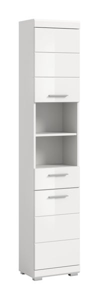 Badezimmer-Hochschrank in Weiß Hochglanz mit einer Tür oben, zwei offenen Fächern und zwei Schubladen unten.