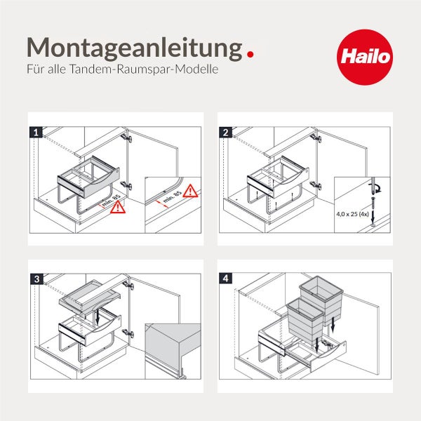 Montageanleitung für Hailo Tandem Raumspar Abfalltrennsysteme mit vier Schritten zur Installation im Küchenschrank.