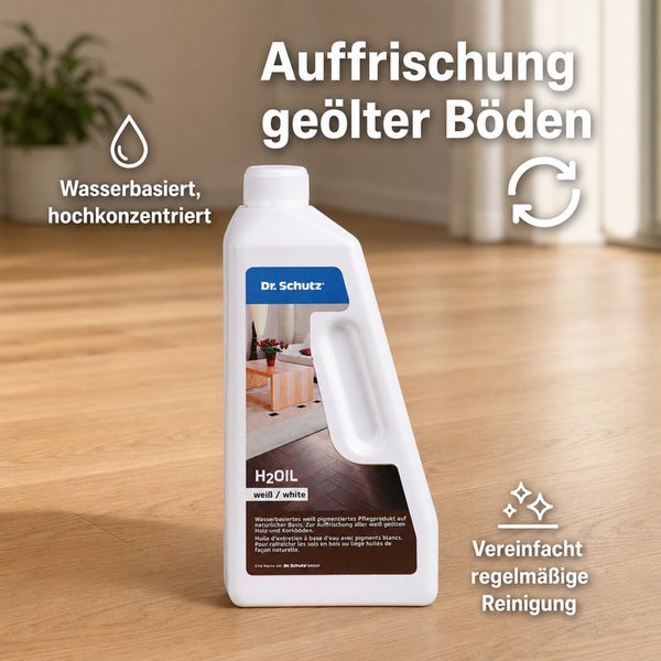 Dr Schutz H2OIL weiß Pflegeprodukt zur Auffrischung geölter Holz- und Korkböden in einer Kunststoffflasche auf einem geölten Holzboden.