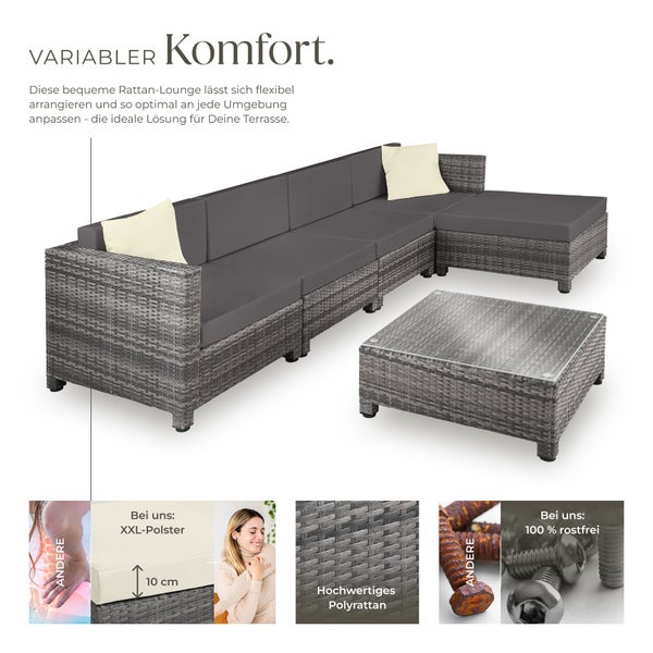 Rattan Lounge Set mit Tisch und grauen Polstern für den Außenbereich