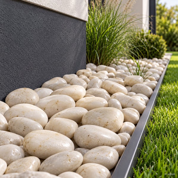 Gartenbeet mit hellen Zierkieseln als Kiesbett an einer Hauswand mit Rasenkante aus Metall und dekorativen Gräsern