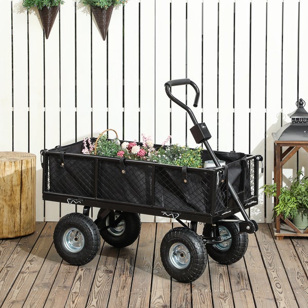 Outsunny Gartenwagen 300 kg belastbar Transportwagen mit Luftreifen, herausnehmbare Plane Griff Rädern Lenkachse Bollerwagen Handwagen Gartenkarre 114 L Gerätewagen für Haus Garten Schwarz